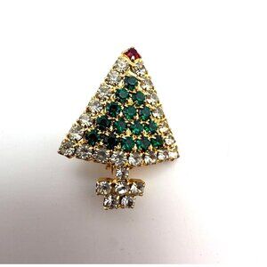 VTG Fashion Jewelry Rhinestone Christmas Tree Brooch Green Clear Holiday Pin